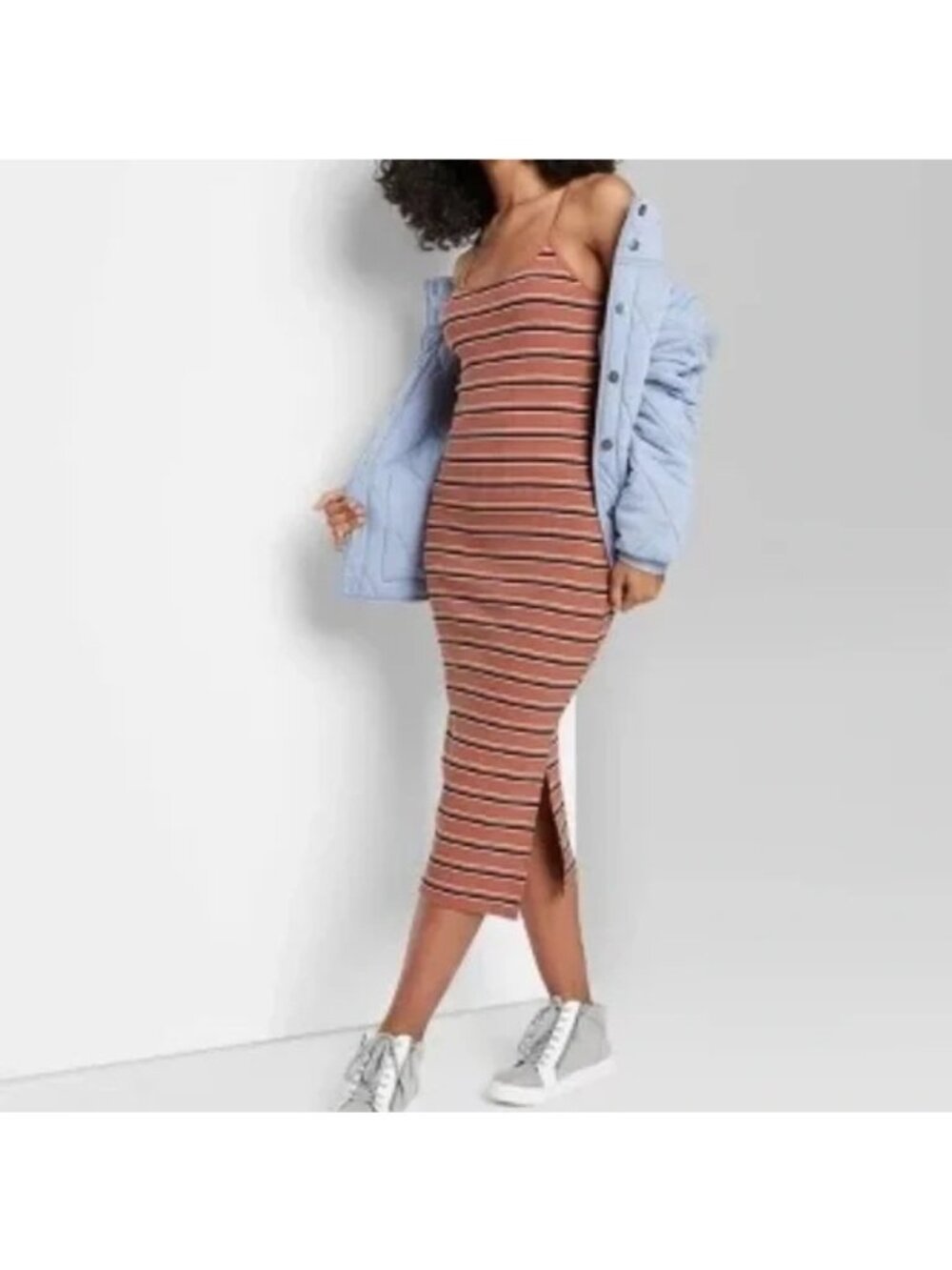 Wild Fable Striped Midi Bodycon Dress Womens Size Medium Scoop Neck Casual Party